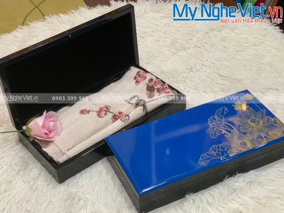 Combo Khăn Lụa Hà Đông + Hộp Sơn Mài Vẽ Sen Cao Cấp - Ảnh 4