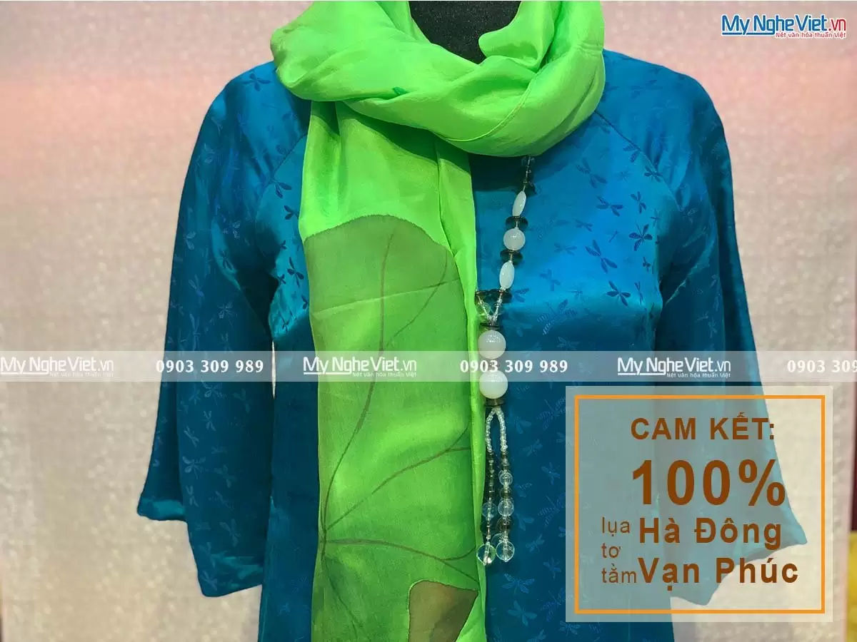 Khăn Lụa Choàng Cổ Vẽ Tay Họa Tiết Sen 90x180 MNV-KLTA9180