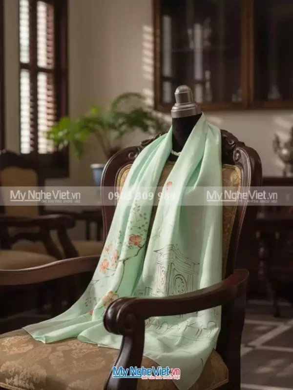 Khăn Lụa Tơ Tằm Vẽ Tay Chợ Bến Thành Xanh Lá MNV-PT70180/6