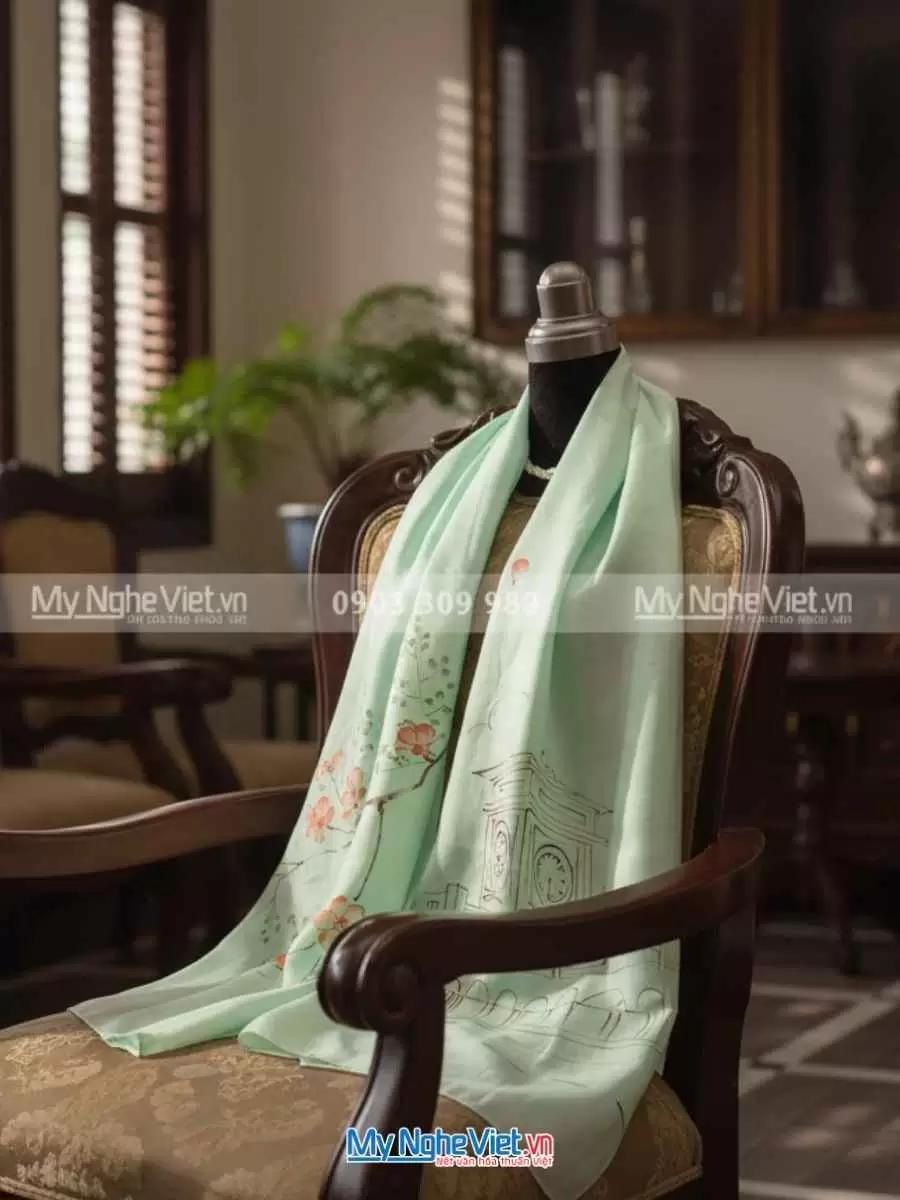 Khăn Lụa Tơ Tằm Vẽ Tay Chợ Bến Thành Xanh Lá MNV-PT70180/6