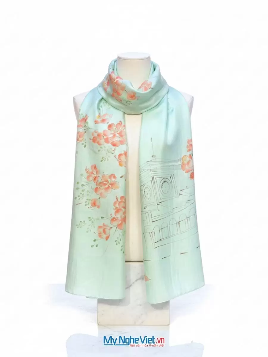 Khăn Lụa Tơ Tằm Vẽ Tay Chợ Bến Thành Màu Xanh 83x180cm MNV-PT70180/6 - Ảnh 5