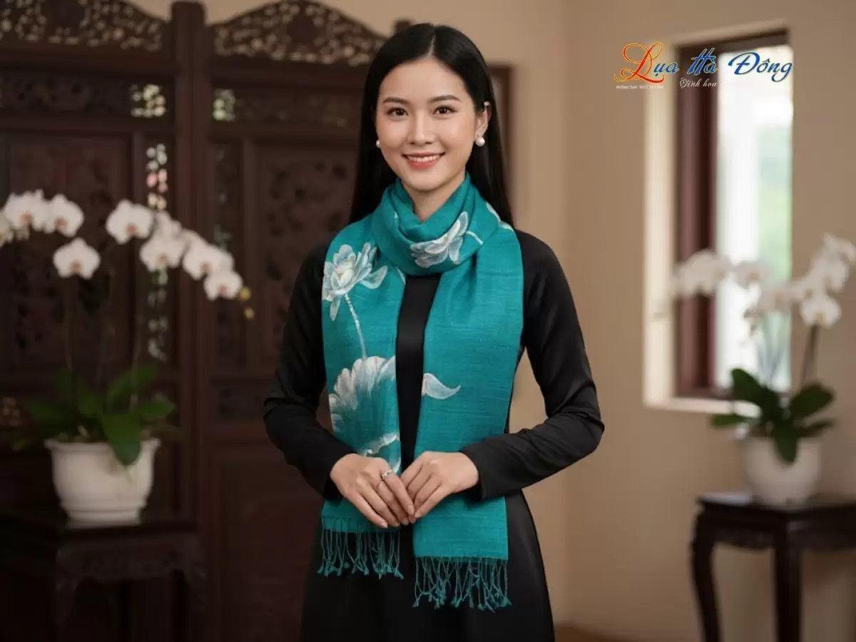 Khăn lụa Đũi xanh rêu vẽ sen 100% silk 80x180 tua rua KLTA80180/2