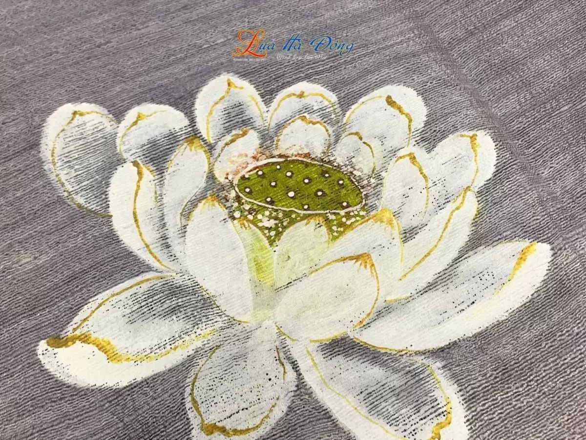 Khăn lụa Đũi xám vẽ sen 100% silk 80x180 tua rua KLTA80180/9 - Ảnh 6