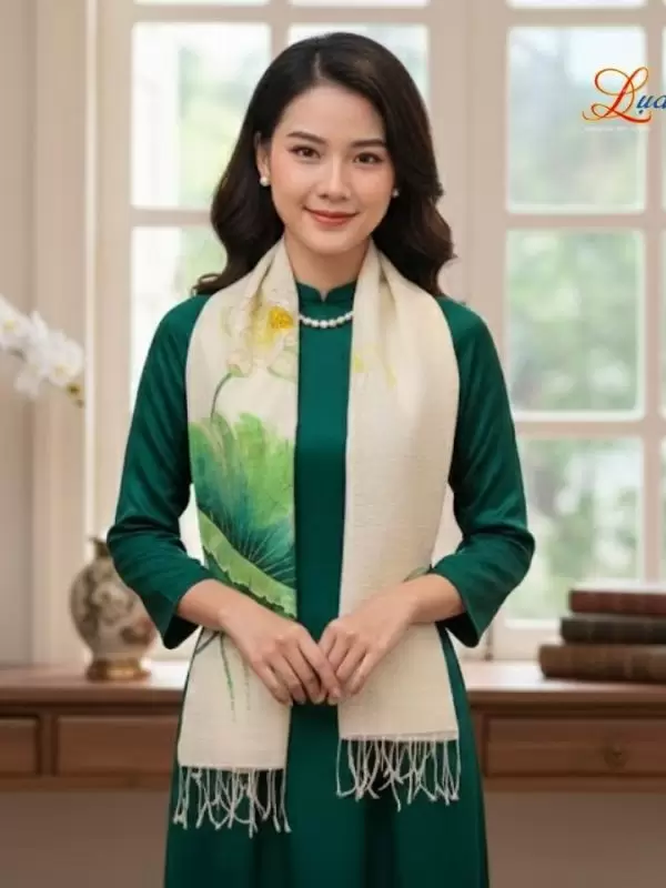 Khăn lụa Đũi trắng vẽ sen 100% silk 80x180 tua rua KLTA80180/10