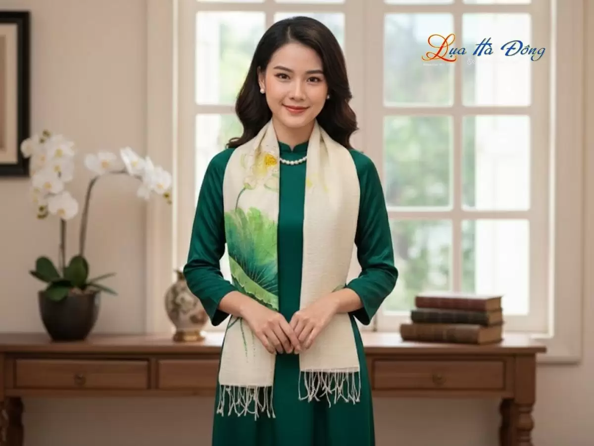 Khăn lụa Đũi trắng vẽ sen 100% silk 80x180 tua rua KLTA80180/10