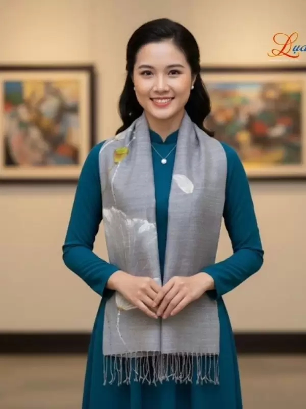 Khăn lụa Đũi xám vẽ sen 100% silk 80x180 tua rua KLTA80180/9