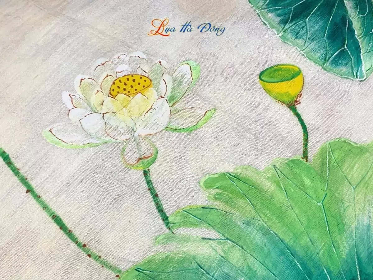 Khăn lụa Đũi trắng vẽ sen 100% silk 80x180 tua rua KLTA80180/10 - Ảnh 5