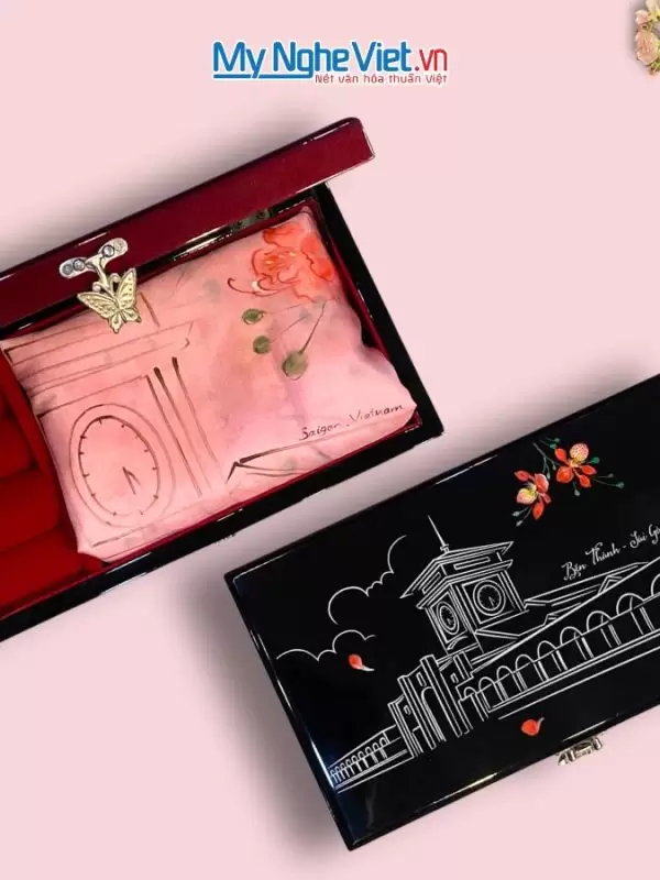 combo quà hộp trang sức - khăn lụa vẽ chợ bến thành