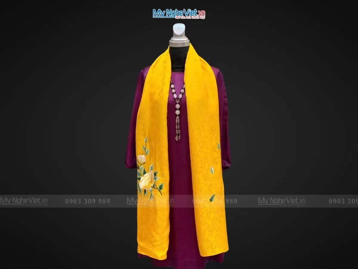 Khăn lụa thêu hoa họa tiết hoa hồng màu vàng 57x180cm MNV-KLTA45190-8