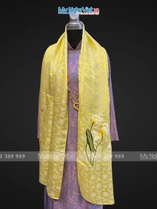 Khăn lụa thêu hoa sen họa tiết hoa hướng dương màu vàng nhạt 57x180cm MNV-KLTA45190-11