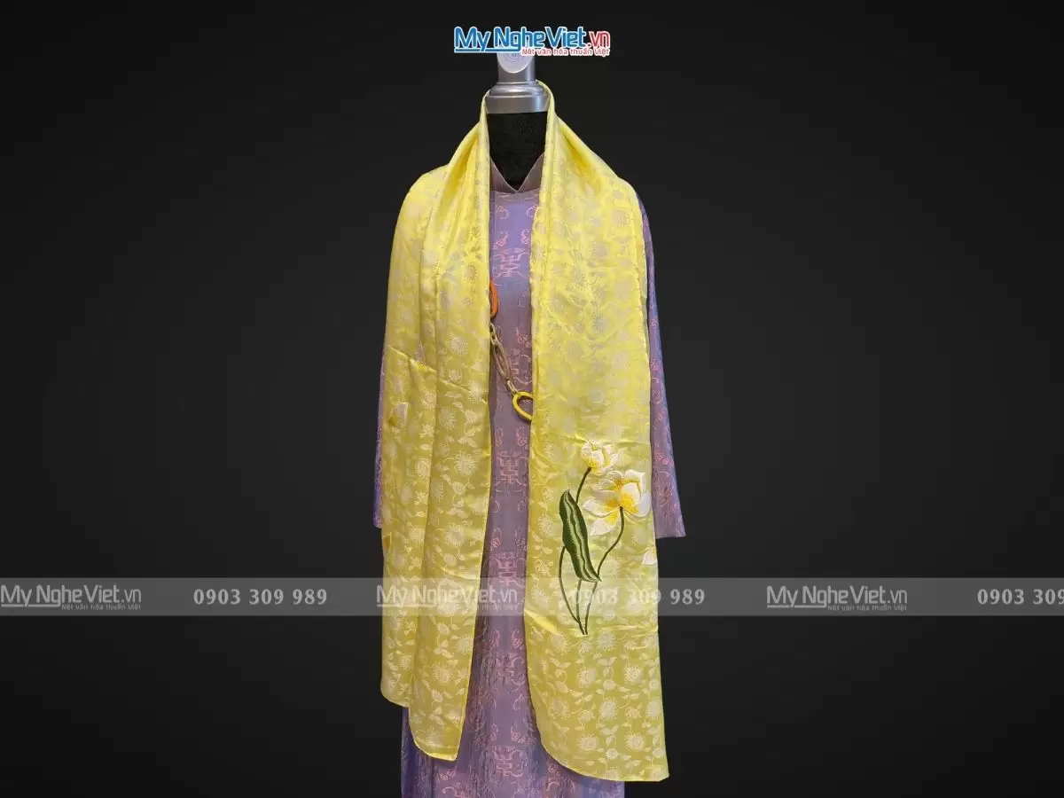 Khăn lụa thêu hoa sen họa tiết hoa hướng dương màu vàng nhạt 57x180cm MNV-KLTA45190-11