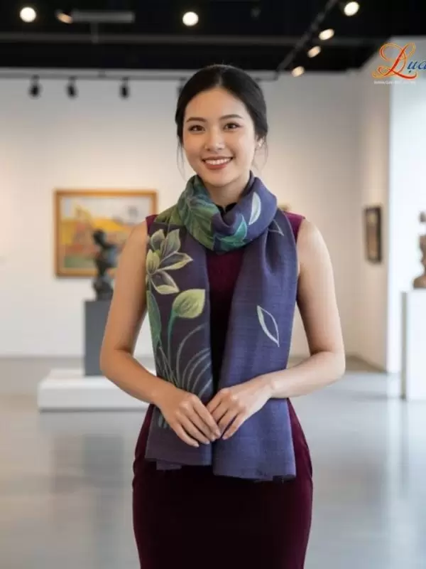 Khăn lụa Đũi xanh than vẽ sen 100% silk 80x180 tua rua KLTA80180/5