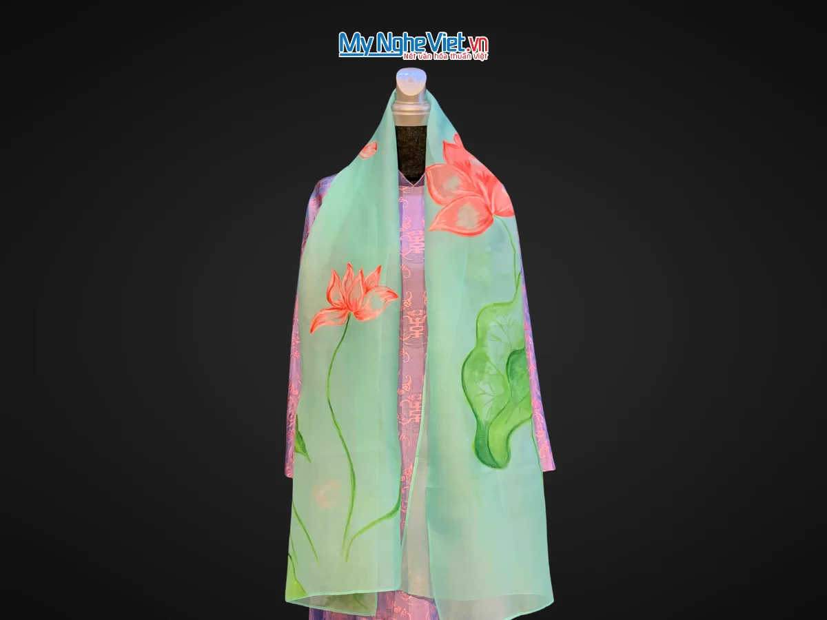 Khăn lụa Organza vẽ tay màu xanh đậm KLNL002-1