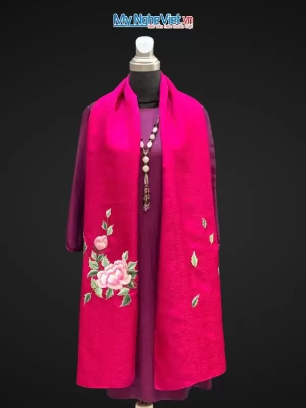 Khăn Lụa Thêu Hoa Hoa Xoáy Hồng Sen