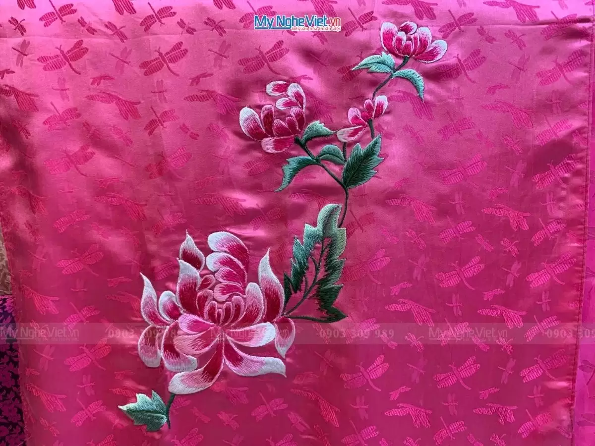 Khăn lụa thêu hoa họa tiết chuồn màu hồng 57x180cm MNV-KLTA45190-7.1 - Ảnh 3