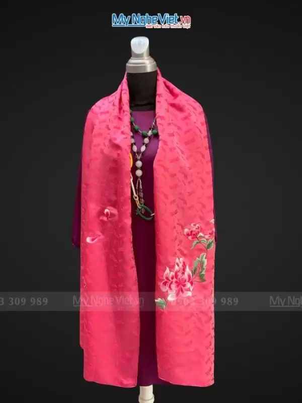 Khăn lụa thêu hoa họa tiết chuồn màu hồng 57x180cm MNV-KLTA45190-7.1