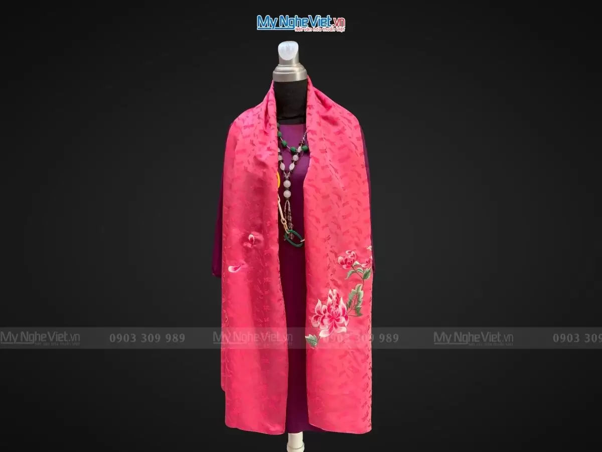 Khăn lụa thêu hoa họa tiết chuồn màu hồng 57x180cm MNV-KLTA45190-7.1