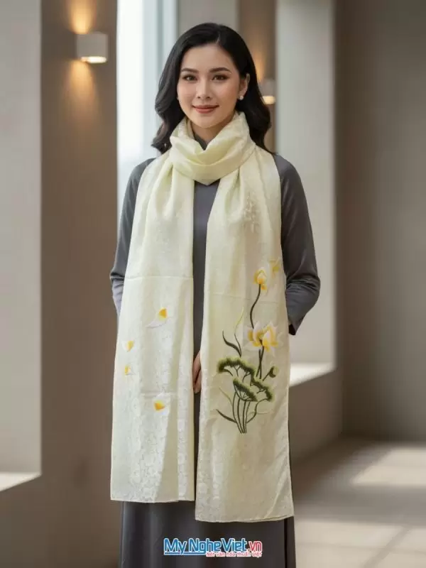 Khăn lụa tơ tằm thêu hoa màu vàng mỡ gà