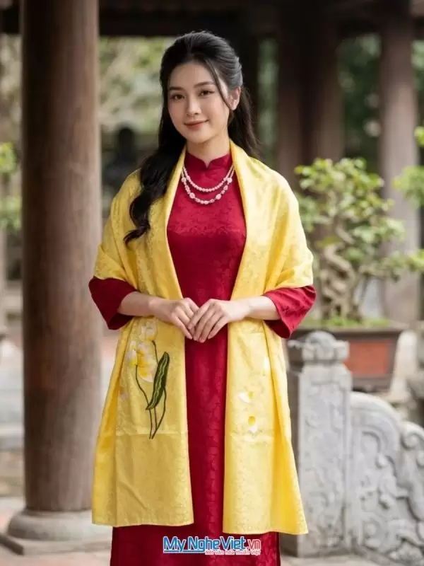 Khăn lụa tơ tằm thêu hoa màu vàng