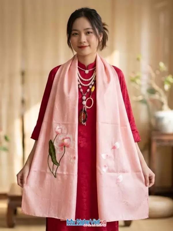 Khăn lụa tơ tằm thêu hoa màu hồng