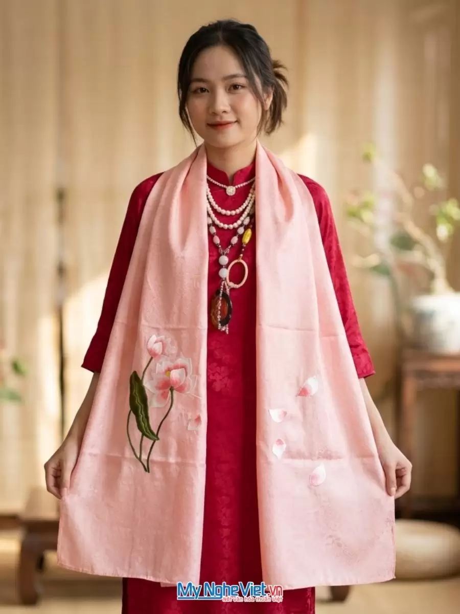 Khăn lụa tơ tằm thêu hoa màu hồng