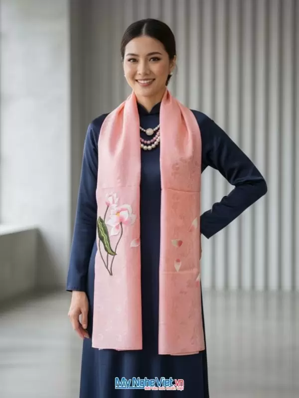 Khăn lụa tơ tằm thêu hoa màu hồng