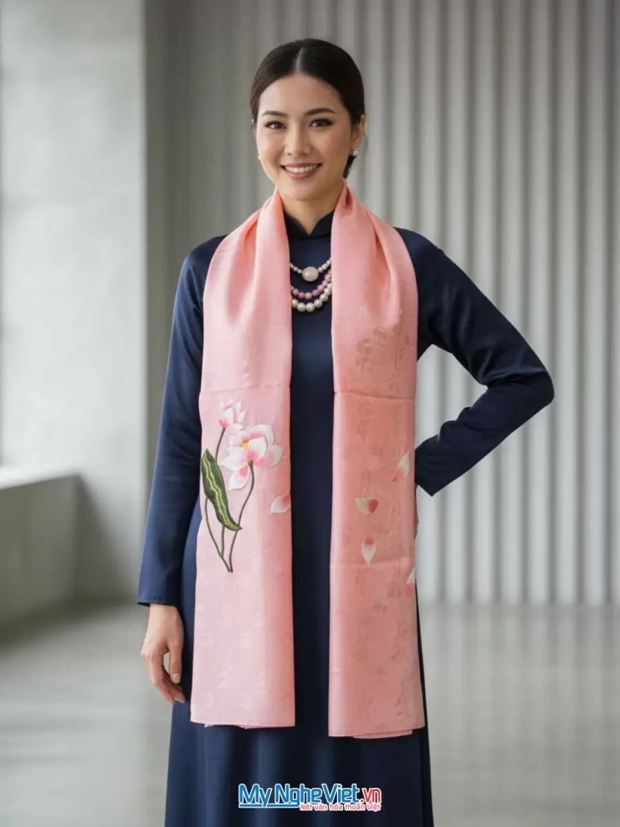 Khăn lụa tơ tằm thêu hoa màu hồng