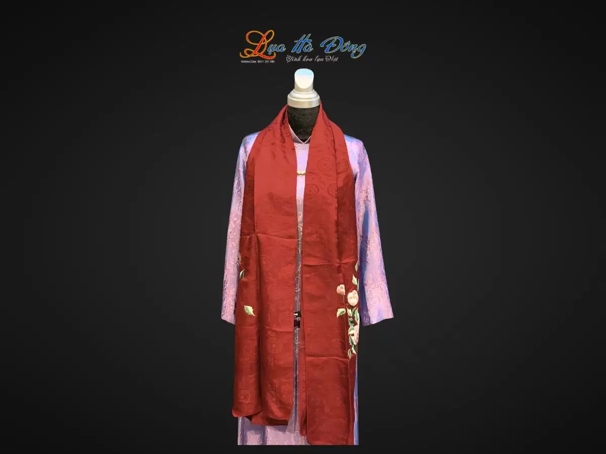 Khăn lụa thêu hoa hoa hồng đỏ họa tiết trống đồng màu đỏ 43x196cm MNV-KLTA43196 - Ảnh 3