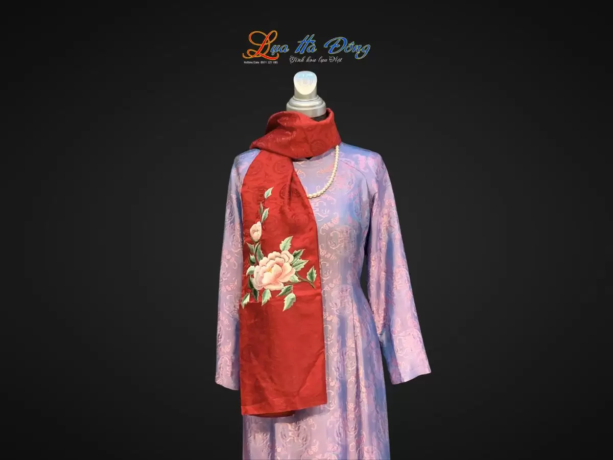 Khăn lụa thêu hoa hoa hồng đỏ họa tiết trống đồng màu đỏ 43x196cm MNV-KLTA43196