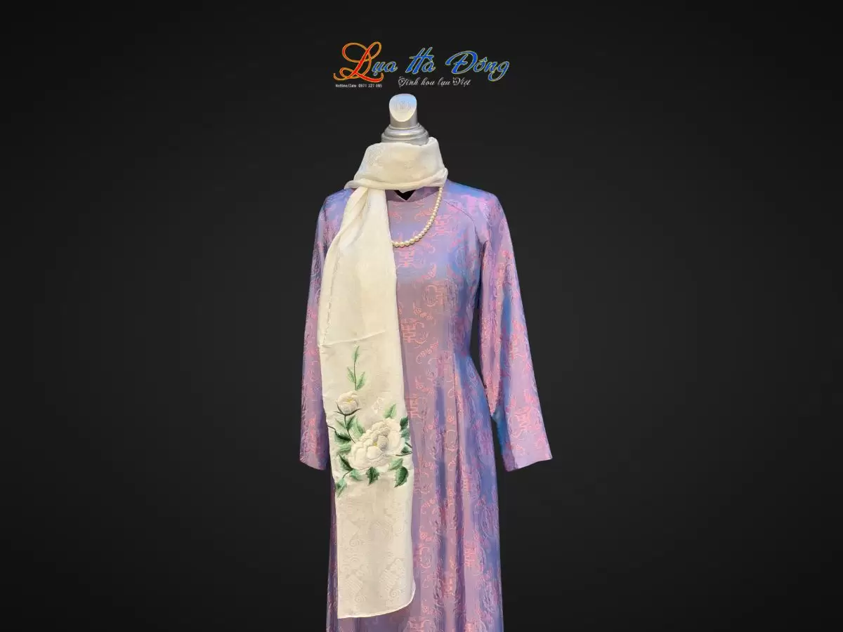 Khăn lụa thêu hoa hồng họa tiết song hỷ màu trắng 43x196cm MNV- KLTA43196-2 - Ảnh 3