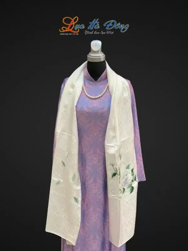 Khăn lụa thêu hoa hồng họa tiết song hỷ màu trắng 43x196cm MNV- KLTA43196-2