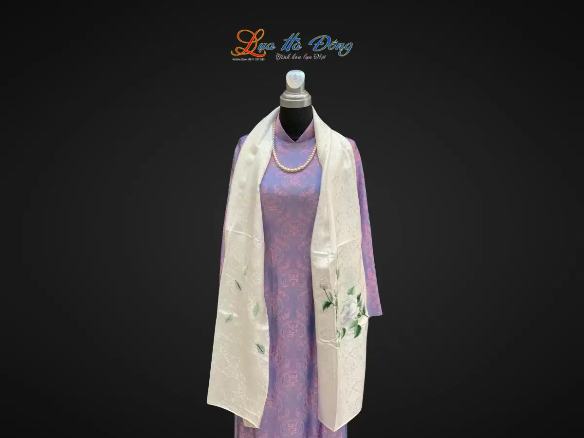Khăn lụa thêu hoa hồng họa tiết song hỷ màu trắng 43x196cm MNV- KLTA43196-2