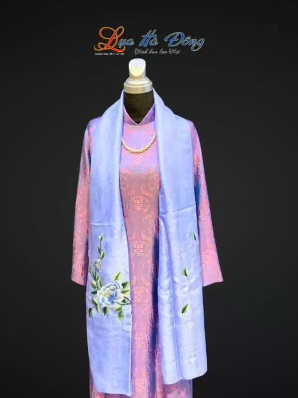 Khăn lụa thêu hoa sen xanh họa tiết sen phượng màu xanh dương nhạt 43x196 MNV- KLTA43196-4