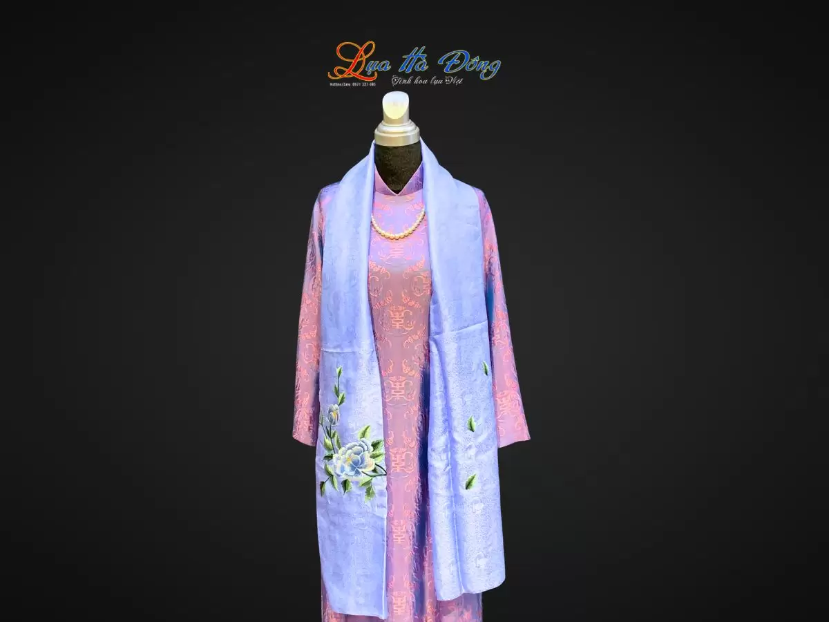 Khăn lụa thêu hoa sen xanh họa tiết sen phượng màu xanh dương nhạt 43x196 MNV- KLTA43196-4