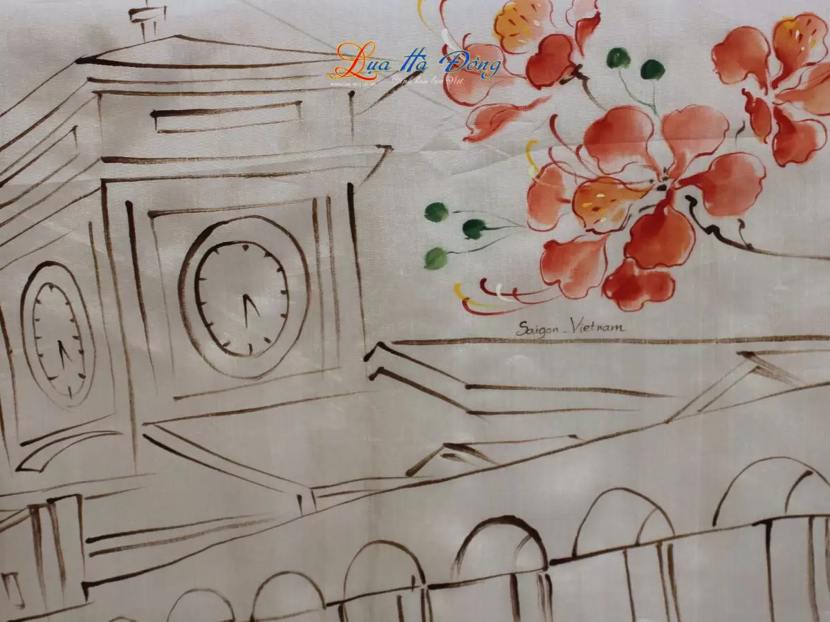 Khăn lụa tơ tằm vẽ chợ Bến Thành MNV-PT70180/10.5-2 - Ảnh 3