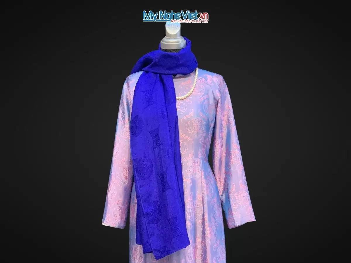 Khăn lụa vân cổ chiện thọ màu xanh coban - Lụa Hà Đông 80x180cm KLNL89-3