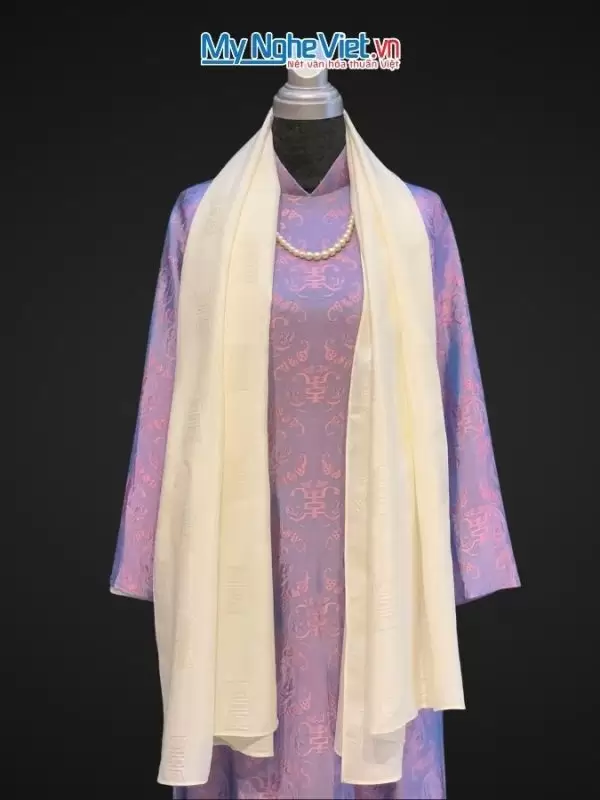 Khăn lụa vân cổ chiện thọ màu kem - Lụa Hà Đông 80x180cm KLNL89-4