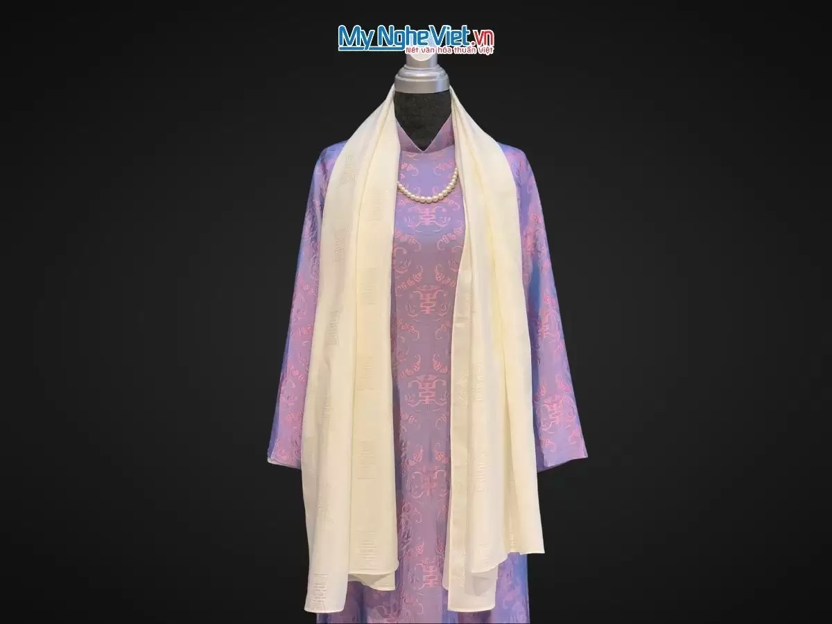 Khăn lụa vân cổ chiện thọ màu kem - Lụa Hà Đông 80x180cm KLNL89-4