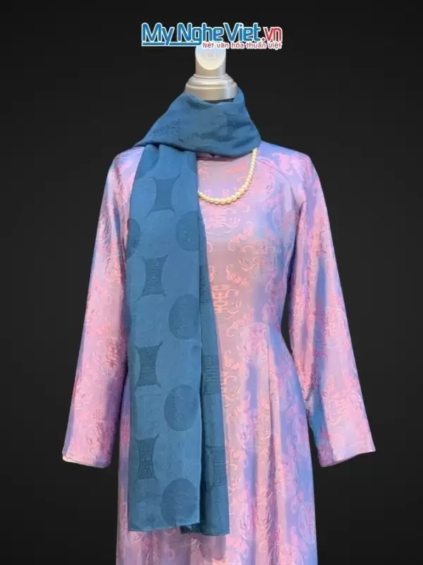 Khăn lụa vân cổ chiện thọ màu xanh dương - Lụa Hà Đông 80x180cm KLNL89-5