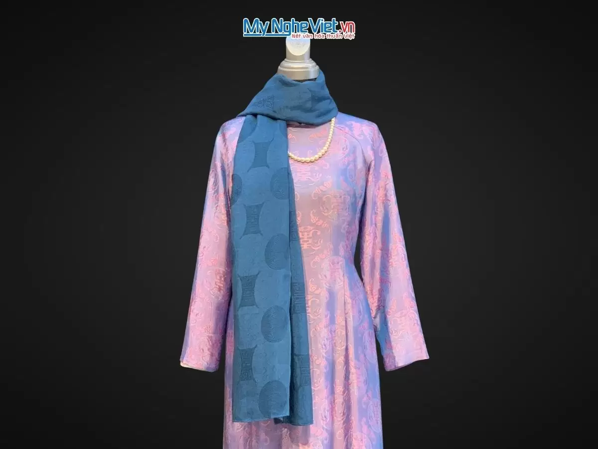 Khăn lụa vân cổ chiện thọ màu xanh dương - Lụa Hà Đông 80x180cm KLNL89-5