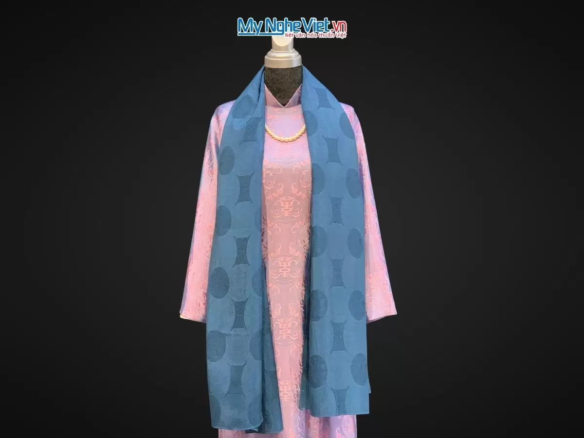 Khăn lụa vân cổ chiện thọ màu xanh dương - Lụa Hà Đông 80x180cm KLNL89-5 - Ảnh 2