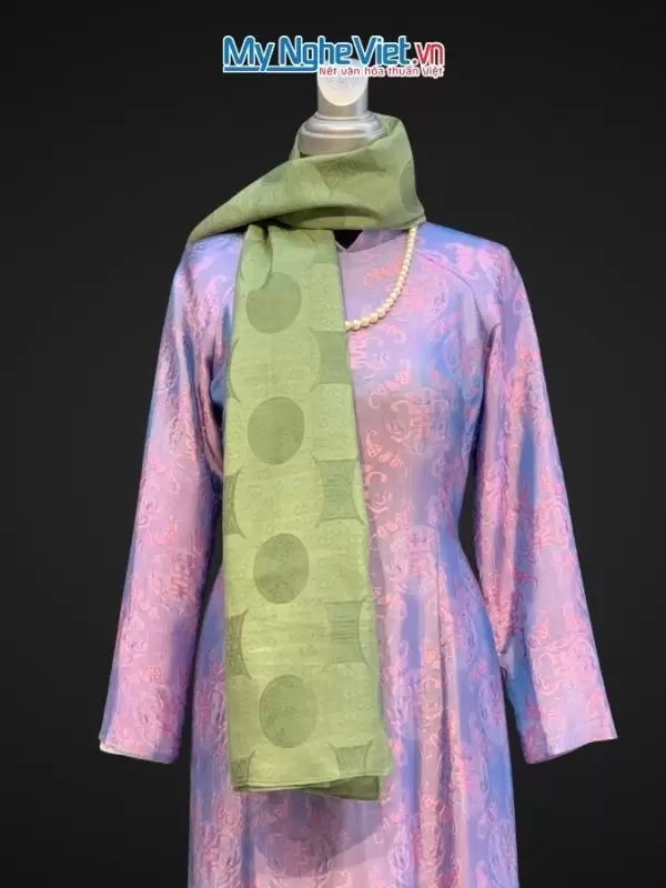 Khăn lụa vân cổ chiện thọ màu xanh rêu - Lụa Hà Đông 80x180cm KLNL89-2