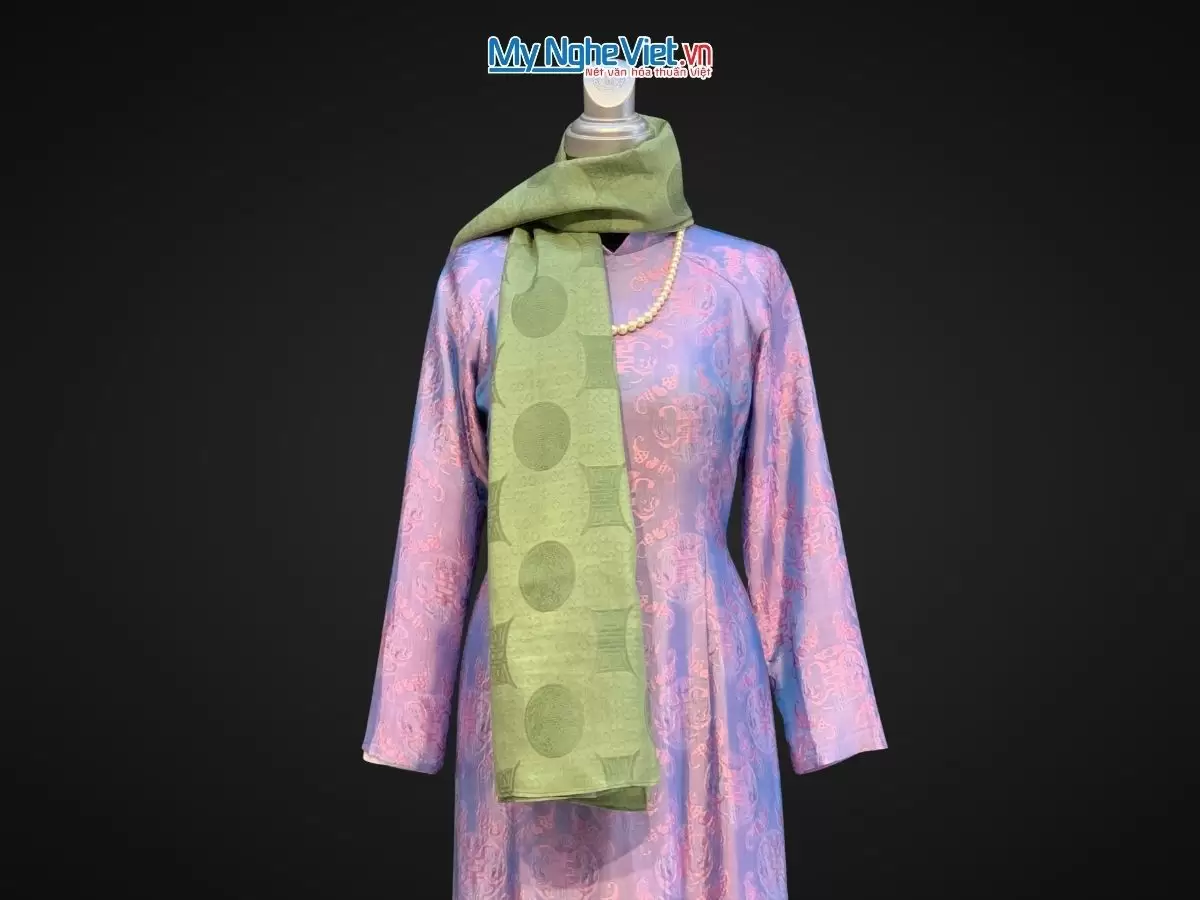 Khăn lụa vân cổ chiện thọ màu xanh rêu - Lụa Hà Đông 80x180cm KLNL89-2