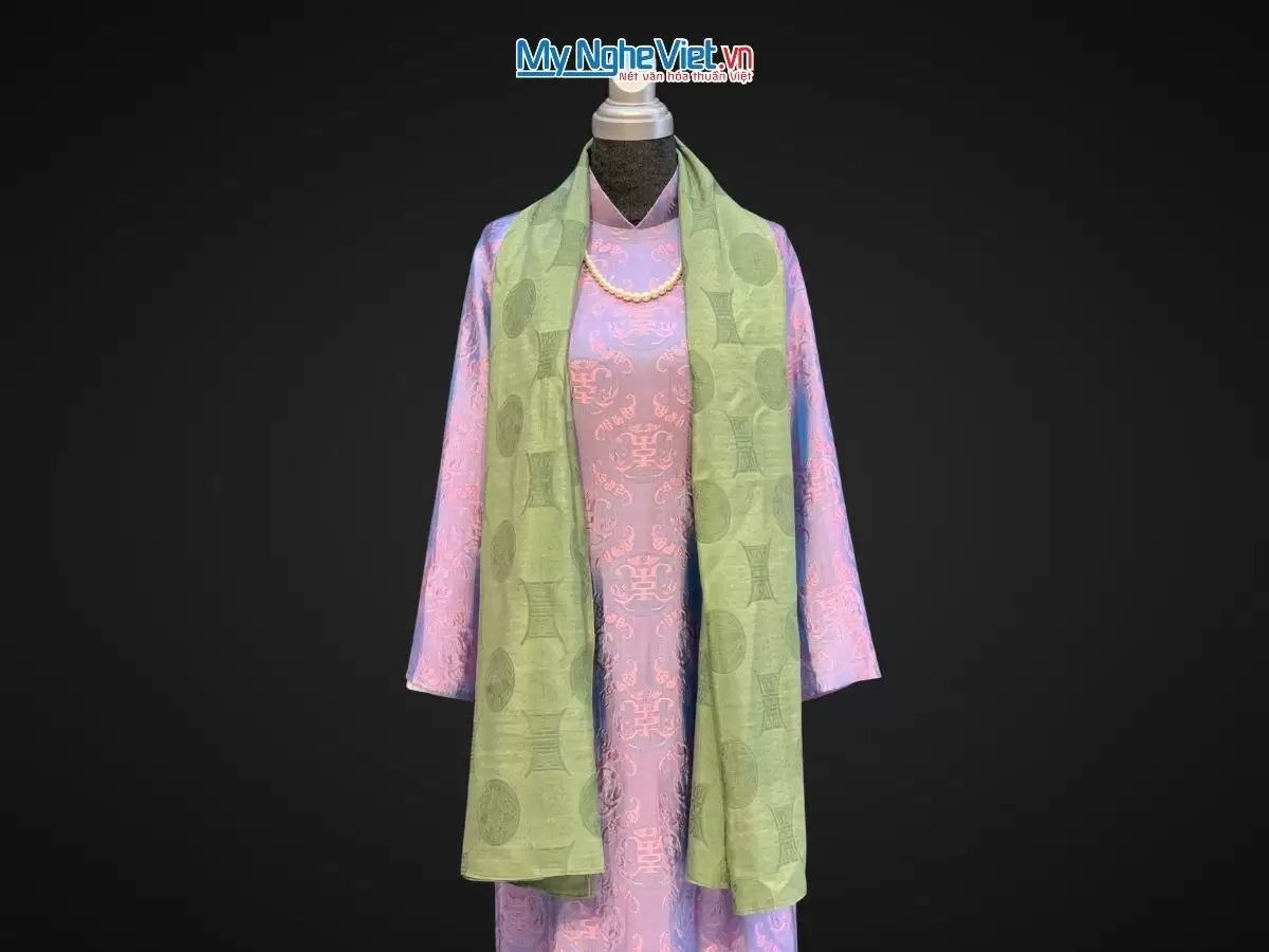 Khăn lụa vân cổ chiện thọ màu xanh rêu - Lụa Hà Đông 80x180cm KLNL89-2 - Ảnh 2