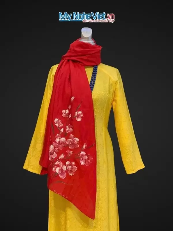 Khăn lụa tơ tằm vẽ tay hoa nền đỏ 70x180 PT70180T2