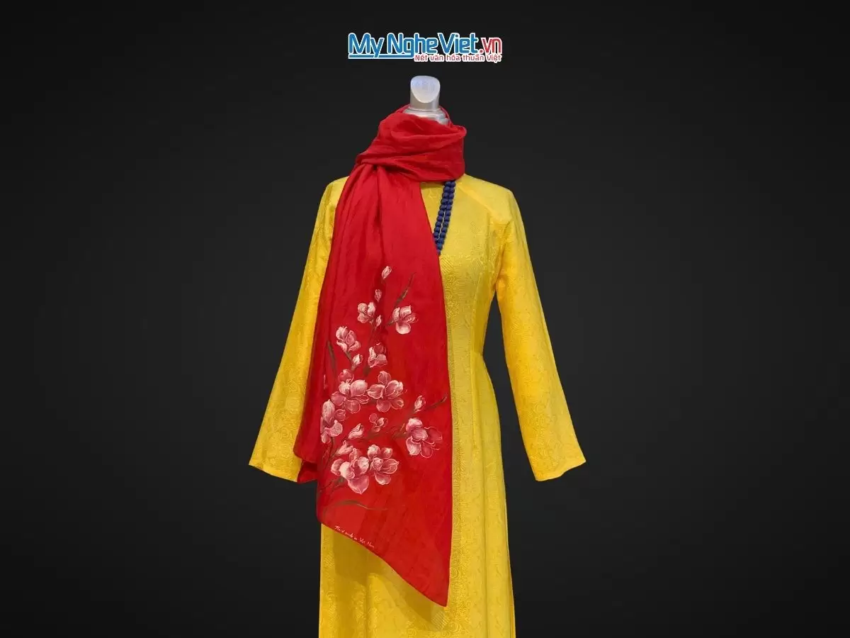 Khăn lụa tơ tằm vẽ tay hoa nền đỏ 70x180 PT70180T2