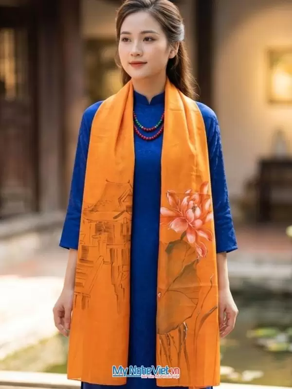 Khăn lụa tơ tằm vẽ sen cao cấp 100% silk