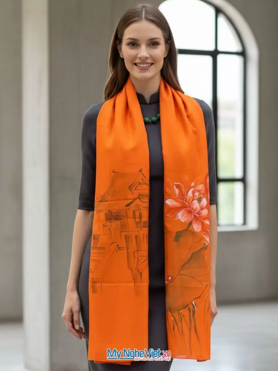 Khăn lụa tơ tằm vẽ sen cao cấp 100% silk