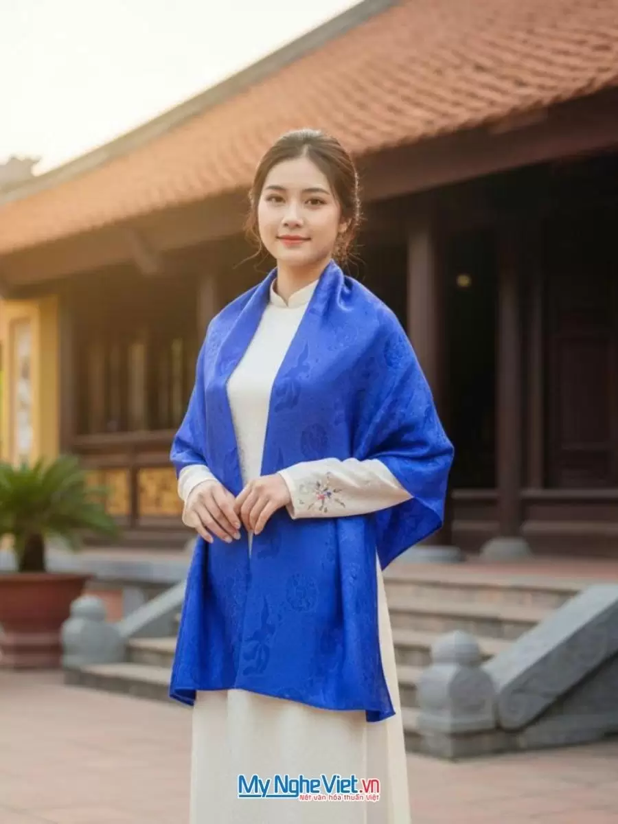 Khăn Lụa Tơ Tằm Họa Tiết Phượng Thọ Màu Xanh Dương MNV-LNL40180/6