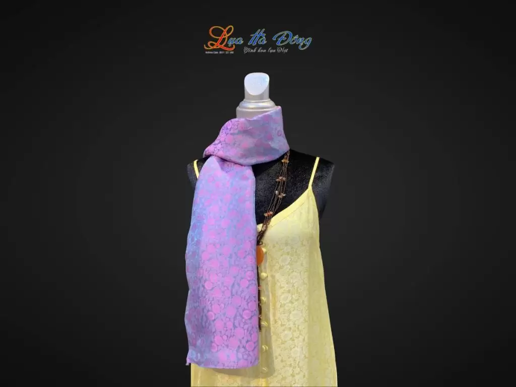 Khăn lụa dài họa tiết hồng thọ hồng xanh